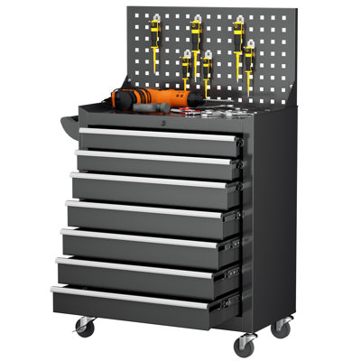 7 Drawers Rolling Tool Chest with Pegboard, Metal Tool Chest with Drawers, Tool Storage Cabinet with Wheels for Garage, Workshop, Repair Shop, Black