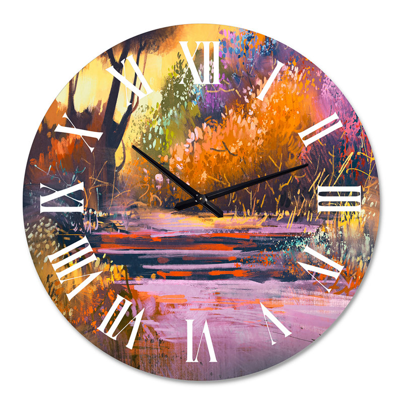 Paysage peint avec des arbres colorés dans la forêt - Horloge murale traditionnelle, Surdimensionné