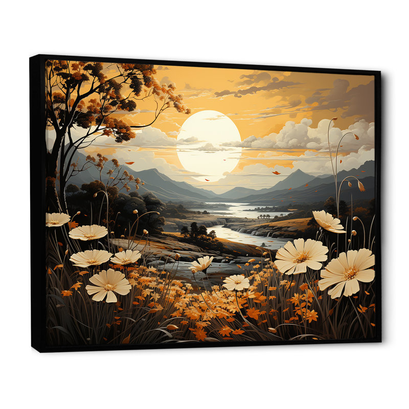 Golden Meadows Of Flowers Fields I sur toile, Cadre flottant noir, H 12 po x l 20 po x P 1 po
