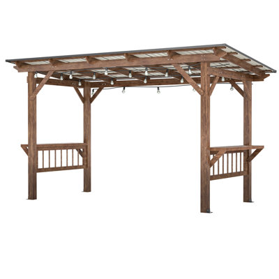 Pavillon de jardin pergola en bois 13 'x 6,5' avec toit en métal et ampoules et comptoirs de bar