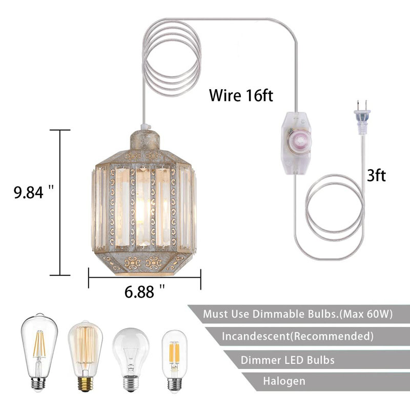 Boho Crystal Swag Lamp with Plug-in Cord – 16.4 FT Dimmable Hanging Light for Kitchen Island, Dining Room