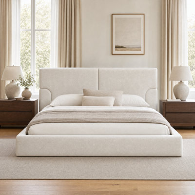Platform Bed Frame with Upholstered Textured Fabric Headboard, Low-Profile Metal Design, Squeak-Free