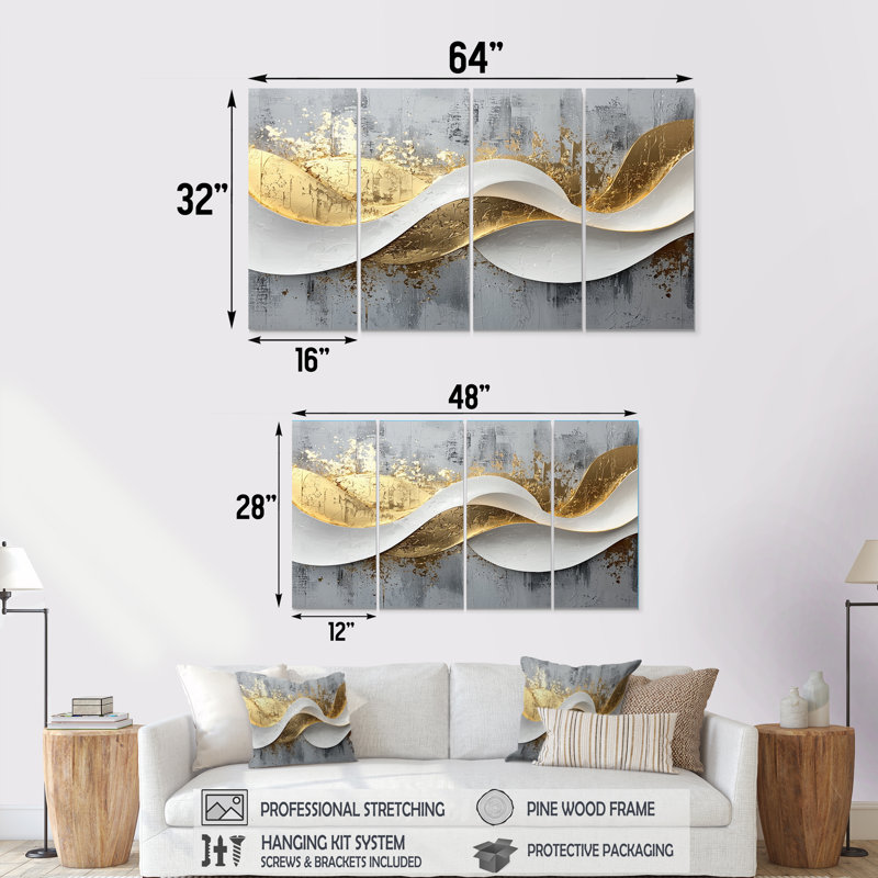 Fosteau V - art mural vagues - ensemble d'art mural moderne, H 32 po x l 64 po, 4