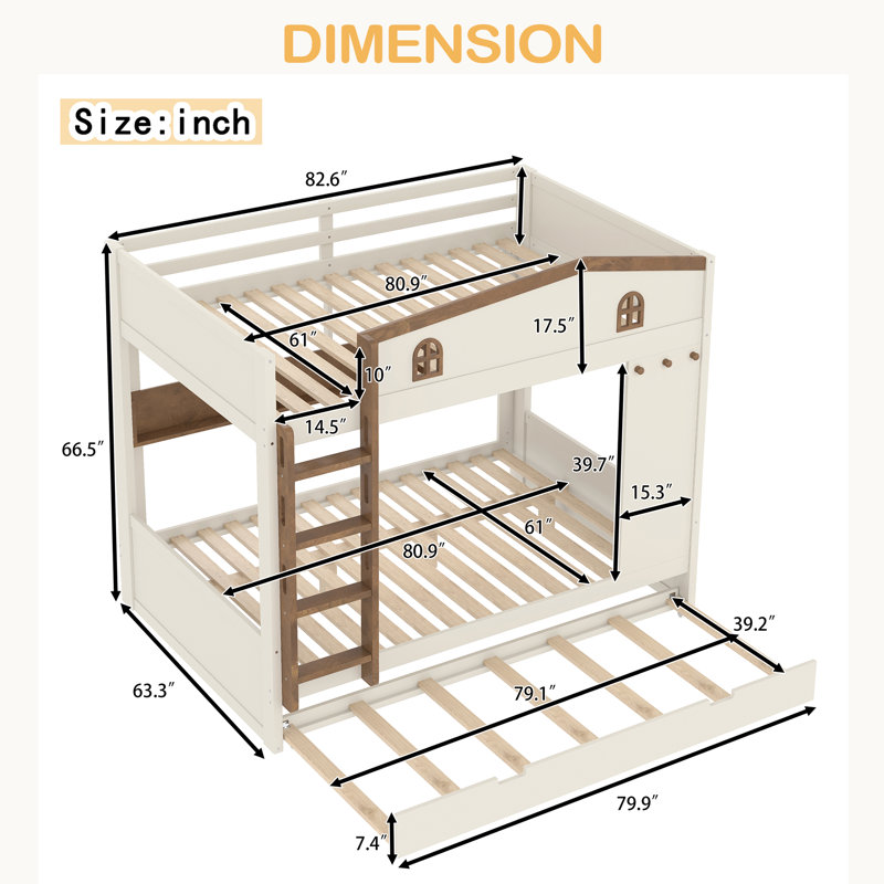 Lit superposé avec lit gigogne et tablettes de rangement, lits superposés en bois massif avec crochets, aucun sommier nécessaire