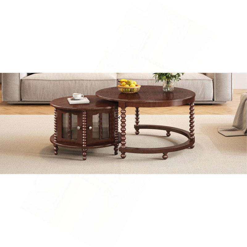 Table basse gigogne vintage rétro, six portes décoratives en verre en forme de bambou, pieds rétro perlés, noyer, 31,5 po