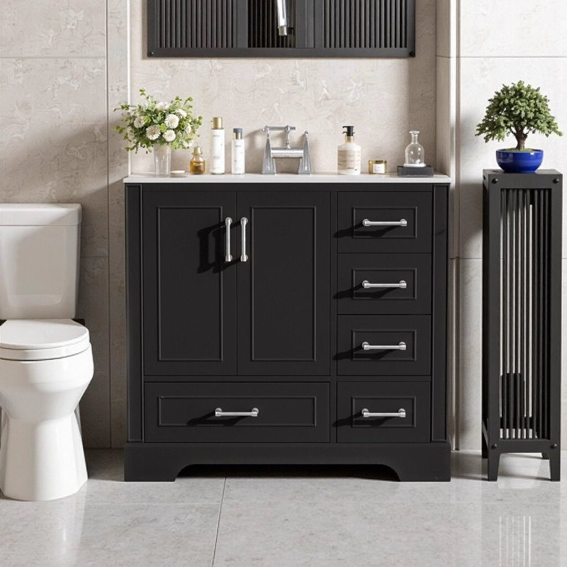 Meuble-lavabo traditionnel de 36 pouces avec lavabo en céramique, armoire en bois massif noir avec 2 portes à fermeture douce et 4 tiroirs, lavabo encastré rectangulaire, poignées en alliage de zinc