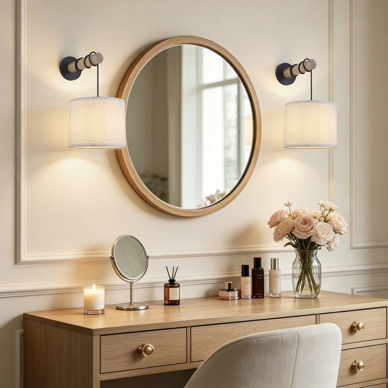Mckella Modern Vintage Wall Sconces With Oak Wood And Fabric Linen Lampshades (Set of 2)