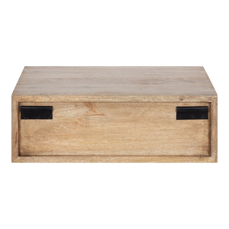 Natural Mango Wood Floating Wall Shelf with Drawer
