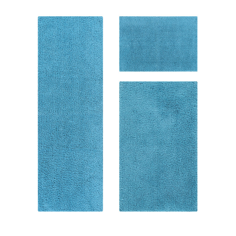 Loida Collection 100% Polyester Machine Washable 3 Piece Plush Bathroom Rug Set, Blue