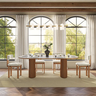 79" Mid-Century Modern Oval Dining Table For 8, Pandora Scratch-Resistant Glossy Sintered Stone Top & Walnut Fluted Pedestal Base, Easy-To-Clean Kitchen Table, Fluted Dining Table, Japandi Dining Table