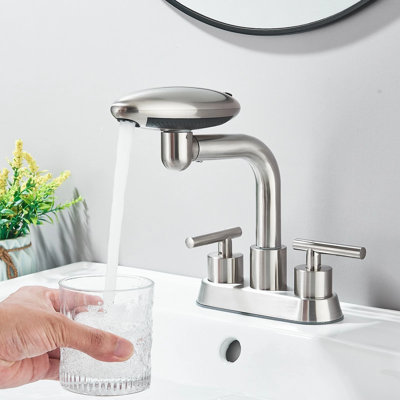 Brushed Nickel Bathroom Sink Faucet, 4-Inch Centerset 4 Modes Waterfall Faucet, 2 Handle with 360° Swivel Spout & Pop Up Drain