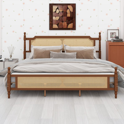 Wooden Bed With Rattan Headboard And Footboard