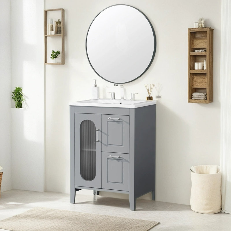 Meuble-lavabo simple autoportant de 24 po avec plateau en céramique Nicolete, Gris