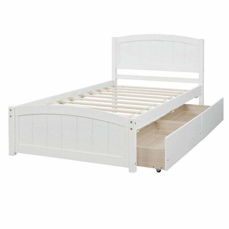 Lit élégant pour appartement, chambre d'amis, lit plateforme avec lit à deux tiroirs, Blanc