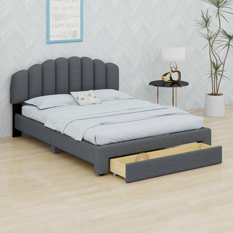Upholstered Wooden Bedframe With LED Lights , USB Ports And Drawer, Gray