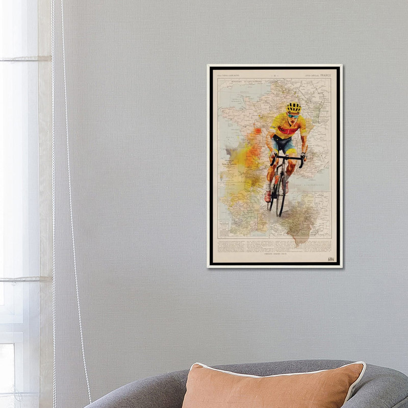 Tour de France, aquarelle, Toile encadrée flottante blanc vieilli, Pas de tapis, H 26 po x l 18 po x P 1,5 po