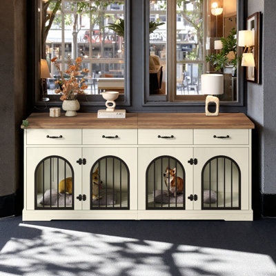 Meuble de 70 po pour 2 chiens, cage intérieure pour chien avec porte de séparation amovible et 4 tiroirs de rangement, table de bout, meuble télé avec 4 portes pour petits chiens de taille moyenne