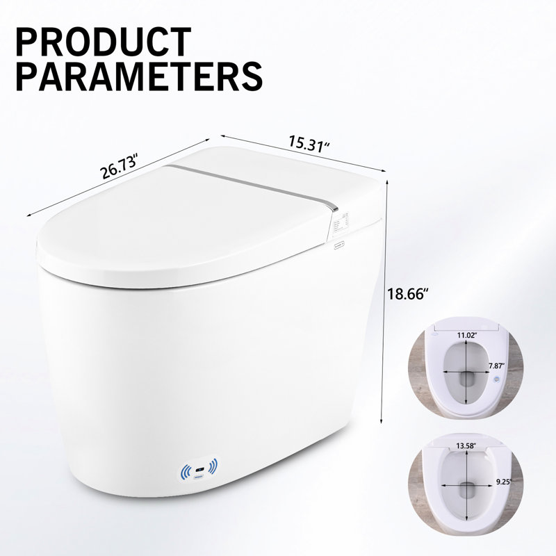 Ceramic Smart Toilet Bidet With Foot Sensor, Heated Seat, Night , Nozzle Self, Silent Slow Down, Auto Flush Self-cleaning Nozzle, Instant Heat, Side Knob Flush,