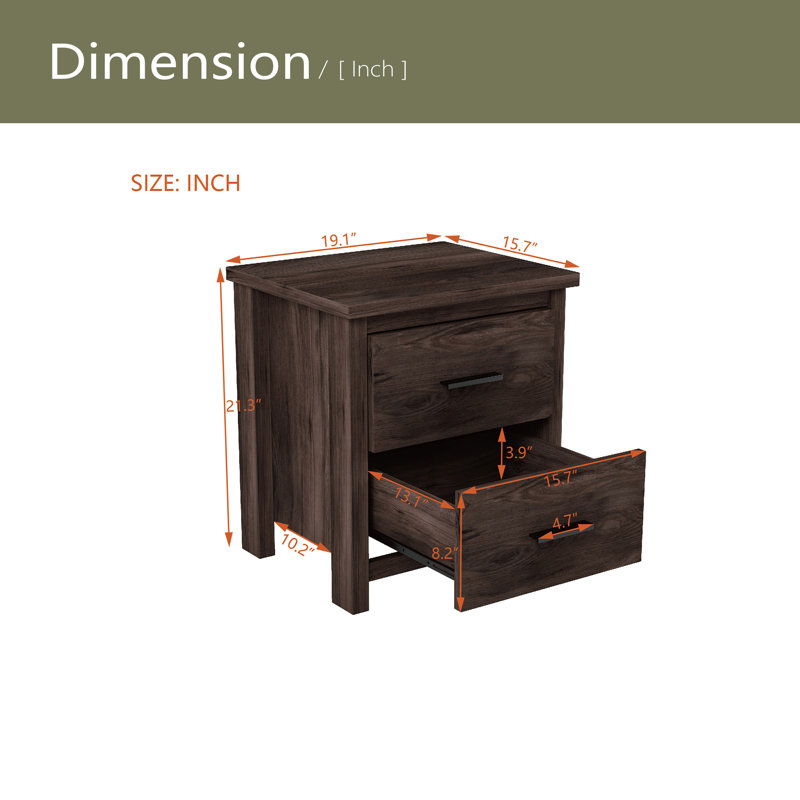 Table de chevet rétro en bois à deux tiroirs, Noyer foncé