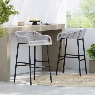Set Of 2 Outdoor Patio Barstool, Light Gray Rope