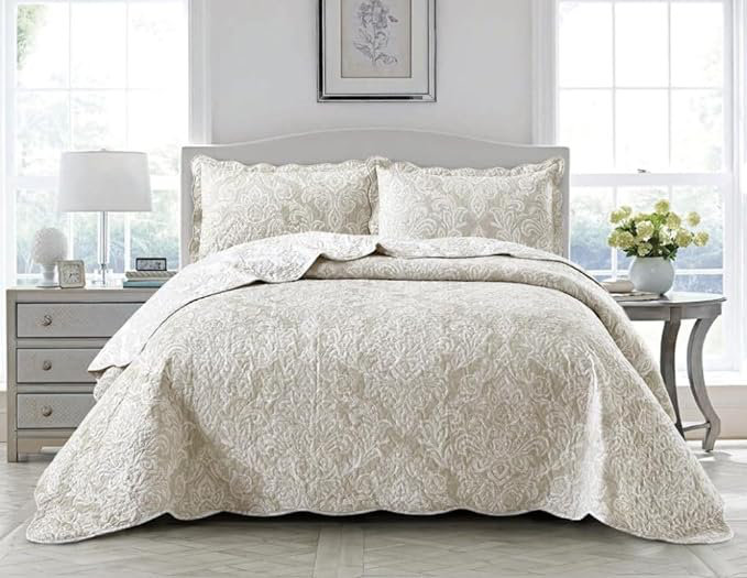 Andrena Bedspread with Pillow Shams Included, Single Bedspread + 1 Standard Pillow Sham, Beige, Damask