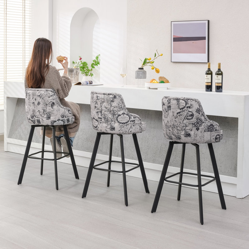 Tabourets de bar pivotants en lin rembourrés avec dossier haut (ensemble de 2), Imprimé nautique beige, 2