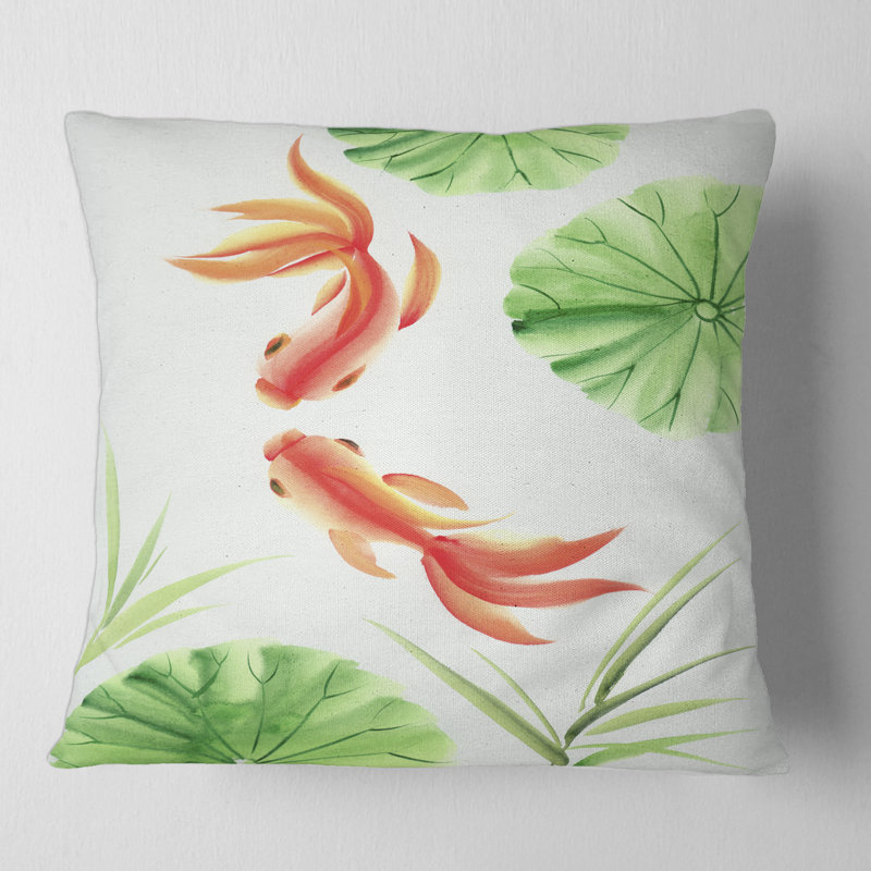 Housse et insert de coussin carré Goldfishes Parmi les feuilles de lotus, 16" x 16"
