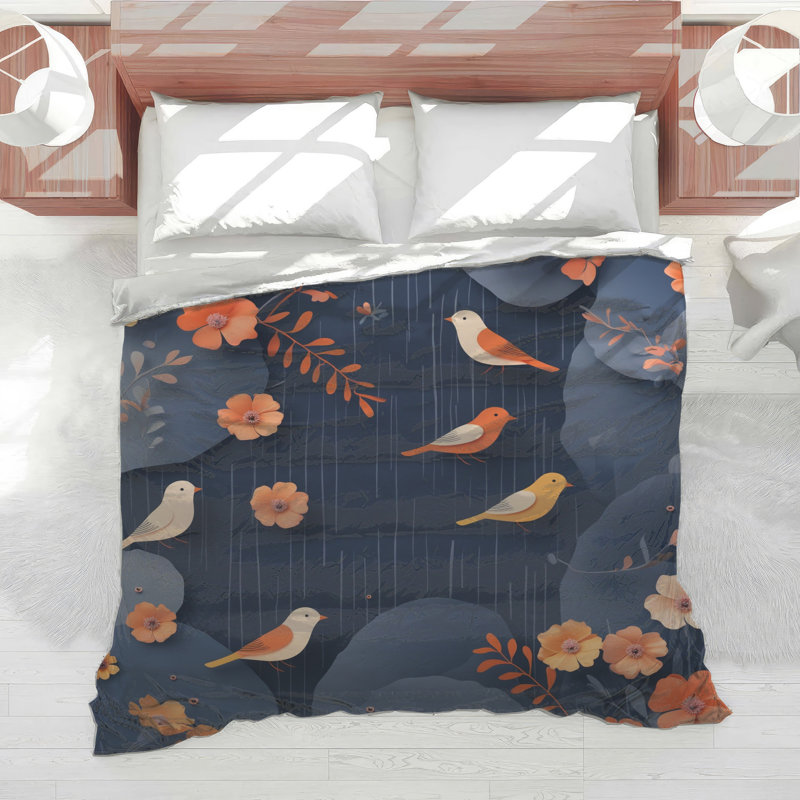 Édredon oiseaux et fleurs orange, Grand lit