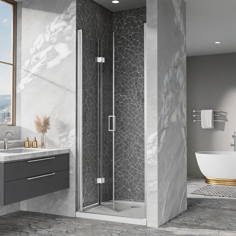 36 inch x 72 inch Chrome Frameless Tempered Glass Bifold Shower Door with Adjustable Pivot Swing