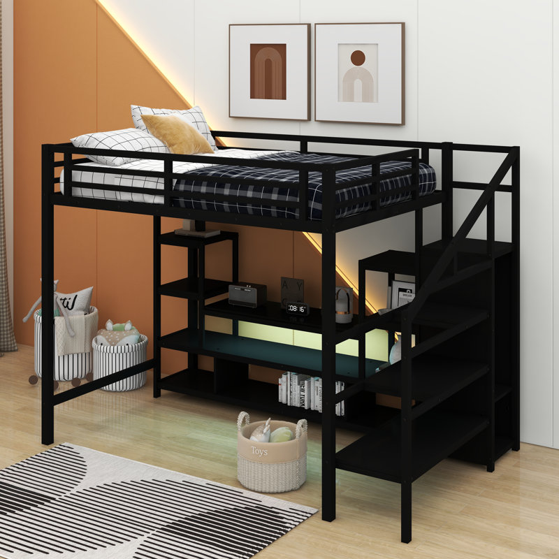 Full Size Metal Loft Bed With TV Stand, Metal Loft Bed With Staircase And Wardrobe, Black