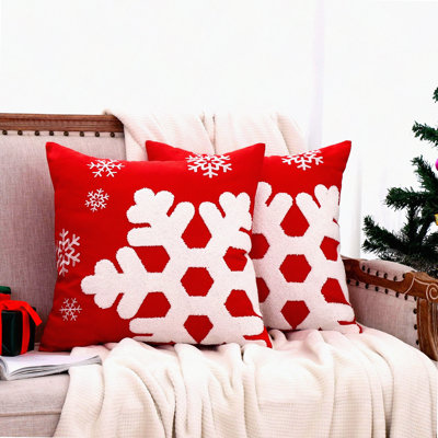 Snowflake Embroidered Holiday Pillow Covers Set - Xmas Decorative Cushion Cases for Bed Sofa Chair - Winter Red Throw Pillow Covers - Home Decor