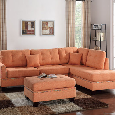 Modern 3Pcs Sectional Living Room Furniture Reversible Chaise Sofa And Ottoman Tufted Polyfiber Linen Like Fabric Cushion Couch Pillows