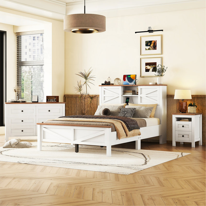 3-Pieces Bedroom Sets Full Size Farmhouse Platform Bed With Double Sliding Door Storage Headboard And Charging Station, Storage Nightstand And Dresser