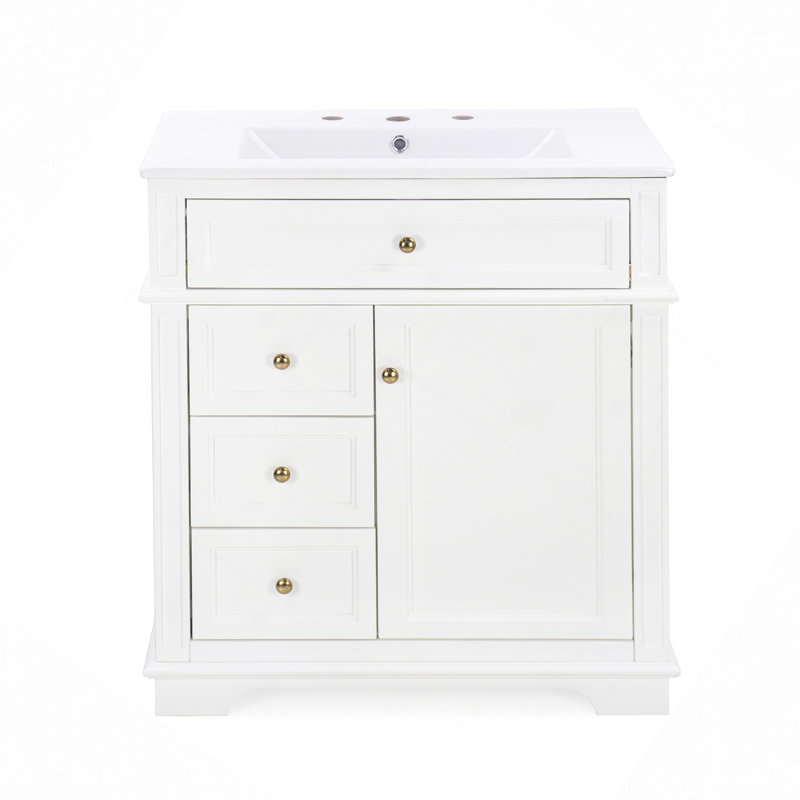 Meuble-lavabo de salle de bain avec lavabo, un tiroir basculant, trois tiroirs, une tablette de porte, une porte à fermeture douce