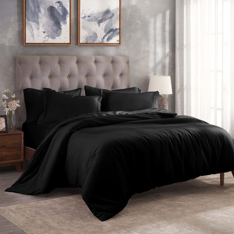 Mitchell Egyptian Cotton Blend 300 Thread Count Solid Duvet Cover Set With Pillow Shams, Black