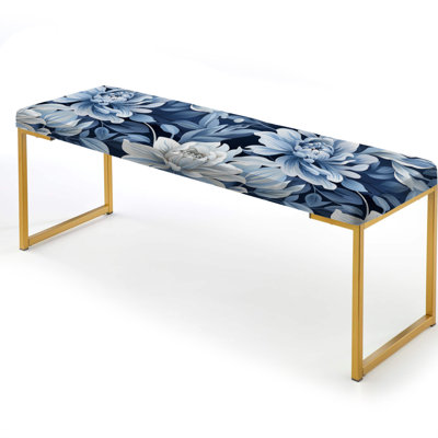 Blue And White Peonies Damask Flowers IV - Floral Upholstered Gold Bench