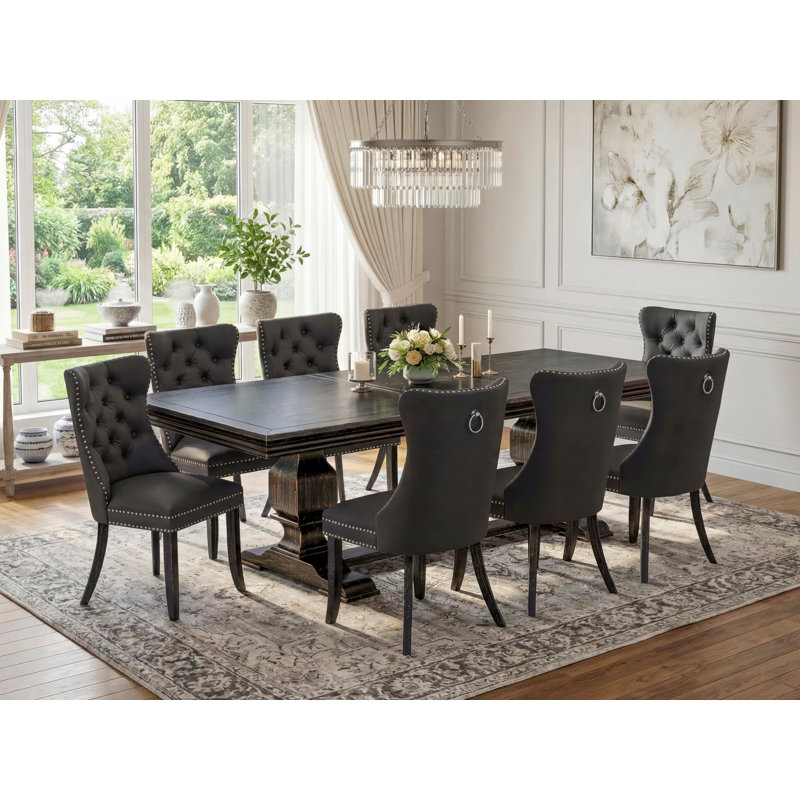 9 Pieces Dining Table Set Includes a Rectangle Table and 8 Dark Gray Polyester fabric Dining Chairs, Sand Blasting Black