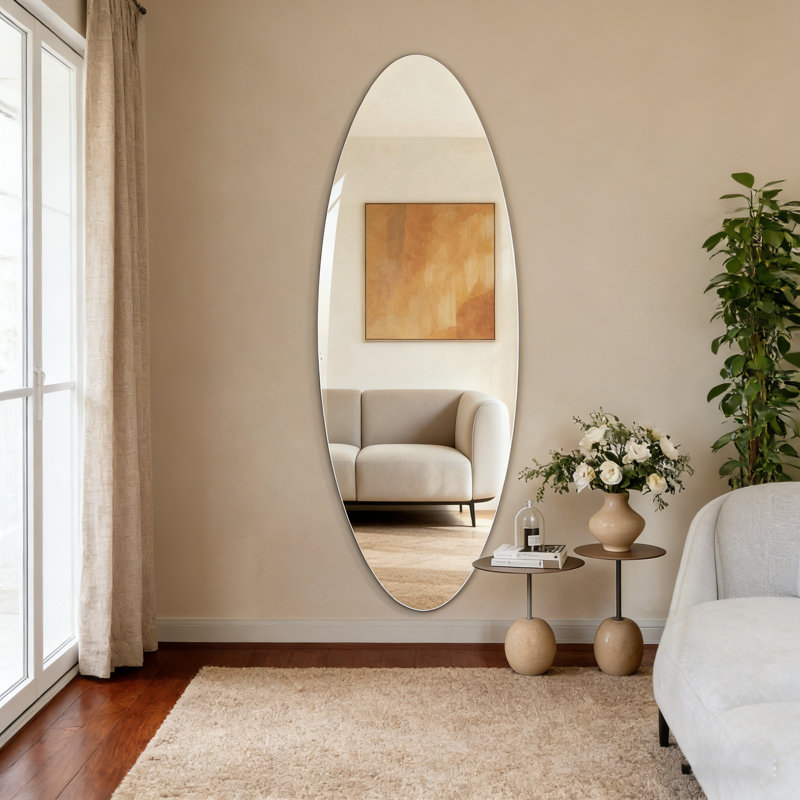 63" x 21" Modern Oval Full Length Wall Mirror, HD Copper-Free Silver Glass, Shatterproof & Moisture-Resistant, Vertical Hanging or Adhesive Mount, Bedroom & Salon
