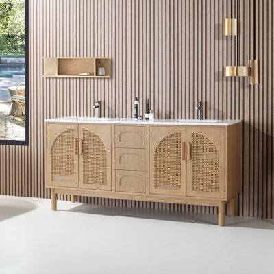 Emir 72'' Natural Oak Veener Plywood Bathroom Vanity with Engineered Quartz Top