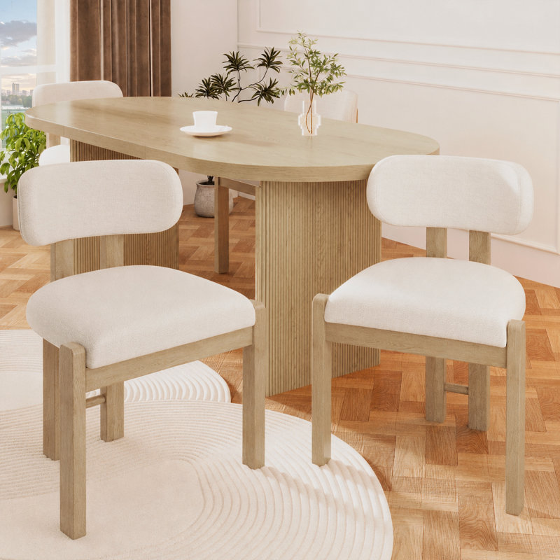 Boucle Upholstered Side Chair in Beige, 4, Natural Wood