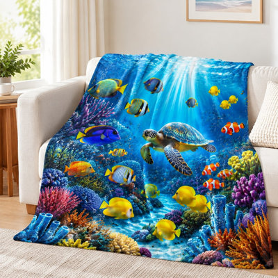1 pièce de couverture de flanelle à imprimé tortue de mer et poisson - imprimé sur une face; scène vibrante et vive sous l'eau, chaleureuse pour un usage domestique, lavable à la machine, parfait pour le salon, la chambre à coucher ou une pièce de