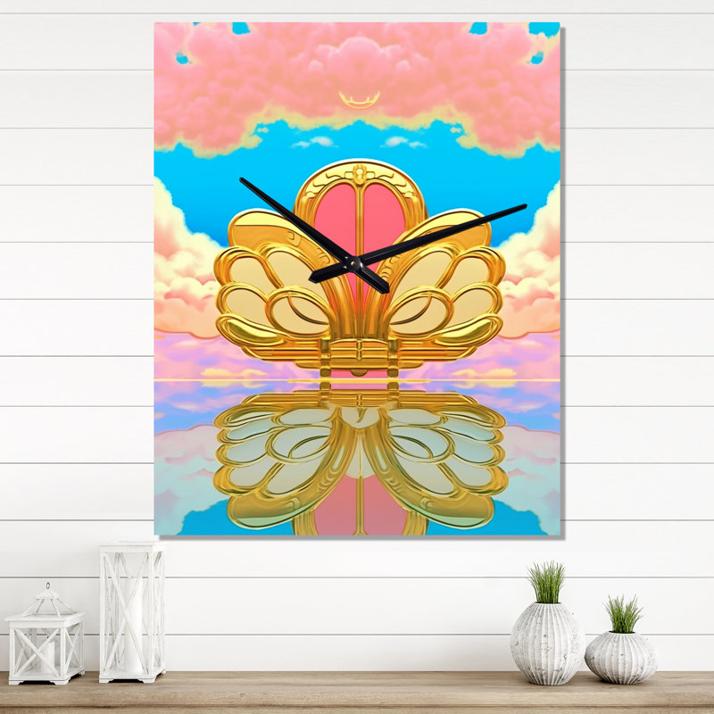 Art nouveau papillon en rose pastel et bleu - paysage abstrait très grandes horloges murales, H 40 po x l 30 po x P 1 po