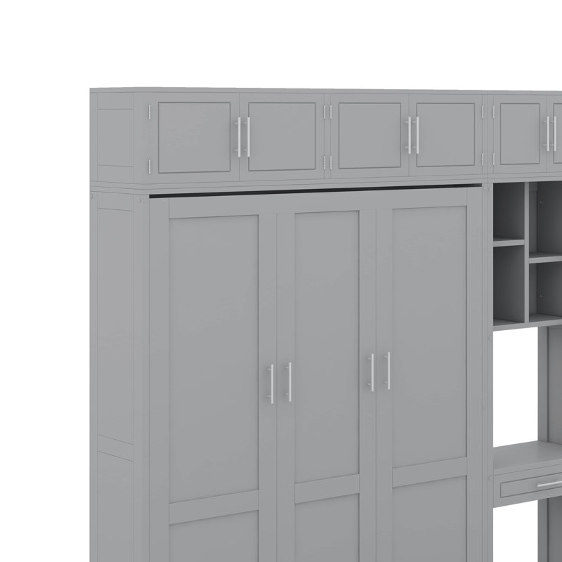 Grand lit escamotable mural avec bureau, Gris, Grand lit