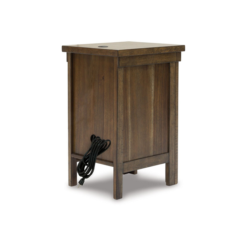 Brown Wood Rectangular End Table with Storage and USB Ports