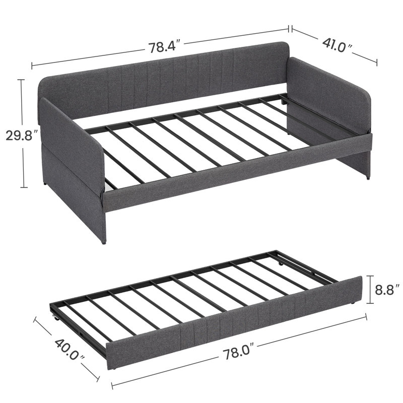 Lit de jour, canapé-lit en métal avec lit gigogne simple, gris, L 78,4 po x l 41 po x H 29,8 po.