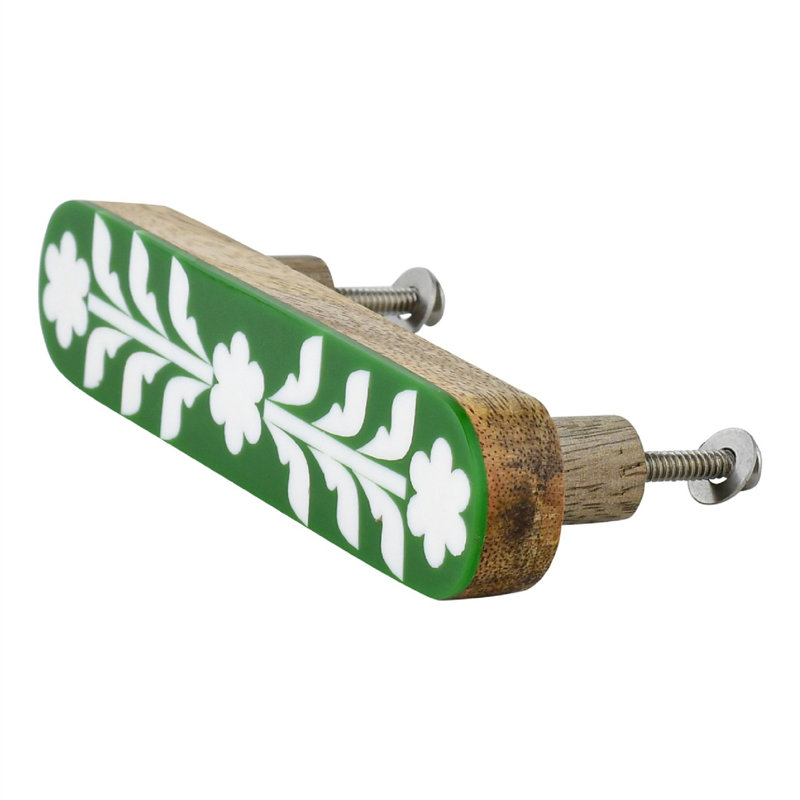 Set of 4 Floral Pattern Cabinet Pulls, Green/White
