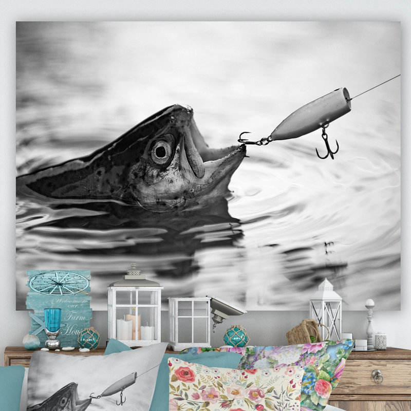 «Catching Bass Fish - Pêche», reproduction d'art sur toile encadrée, H 12 po x l 20 po x P 1 po, Toile tendue