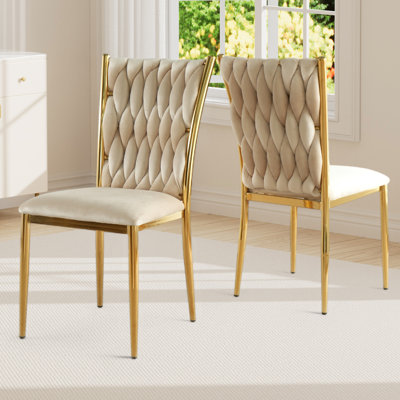 Velvet Dining Chairs Set - Woven Dining Room Chairs with Metal Legs- Modern Upholstered Accent Chair for Dining Room, Kitchen, Vanity, and Living Room