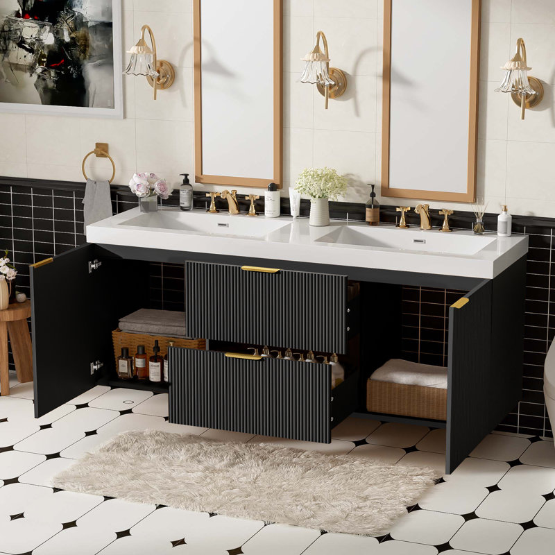 59.3" Wall-Mounted Floating Double Bathroom Vanity with SMC Resin Top, Black