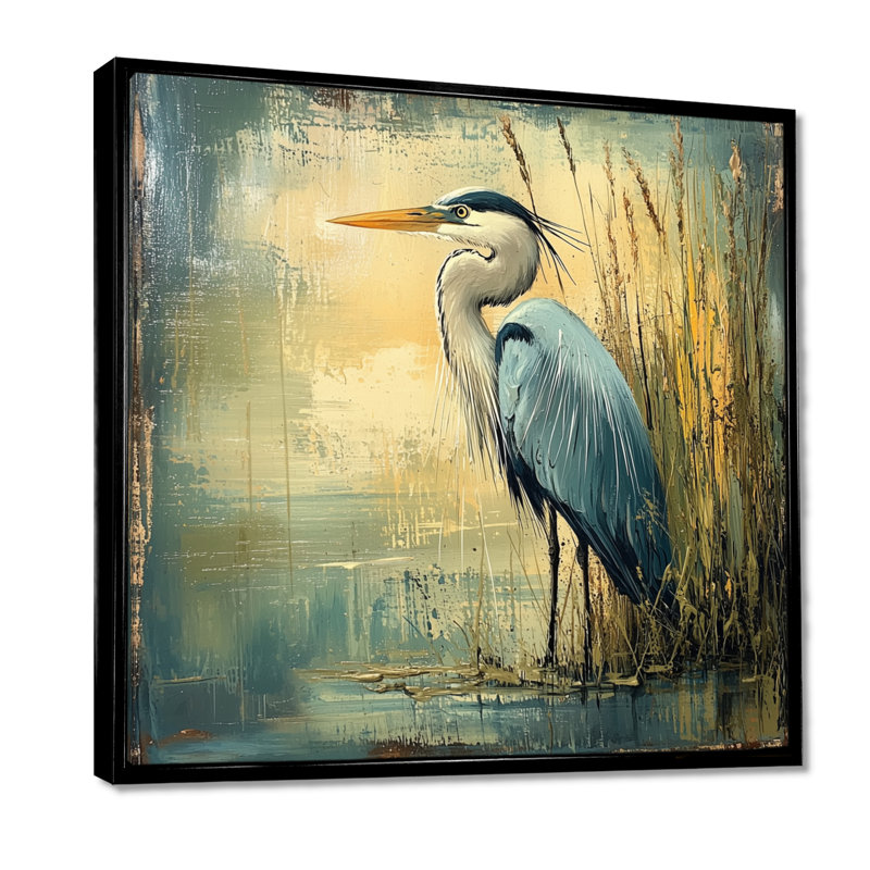 Ayise Heron at the Farm Pond II - héron, art mural, Impression encadrée flottante, Noir, noir, noir, noir, H 16 po x l 16 po